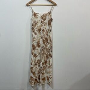 Per Una Tan Brown Linen Blend Summer Coastal Grandma Floral Midi Dress Size 12R